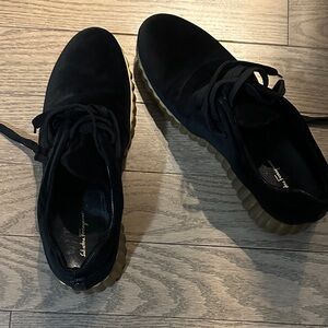 Salvatore Ferragamo Black Suede Lace-Up Flats with Tan Ridged Sole